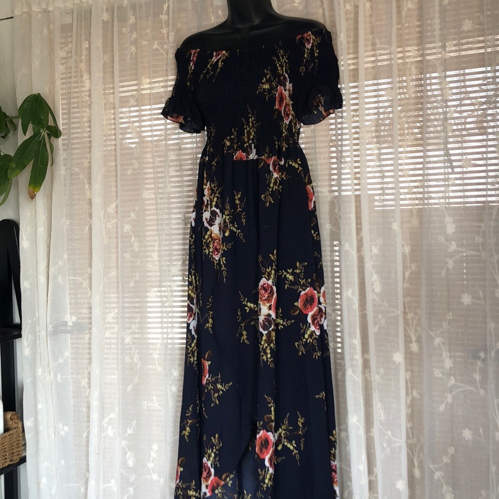 Maternity off the shoulder navy floral dress